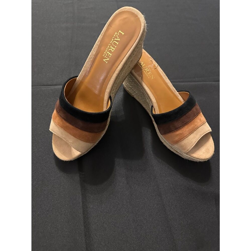 Ralph Lauren Striped Suede Espadrille Wedge Slides in Black, Brown, Tan Size 7.5